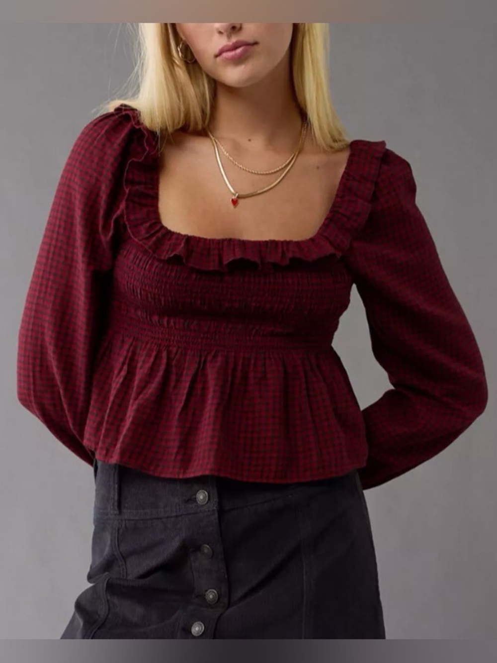 American Eagle Outfitters | Red and Black Plaid Smocked Ruffle Top size L